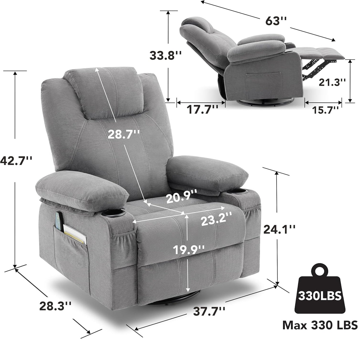 Oversized Swivel Rocker Recliner Chair with Heat and Massage, 360 Degree Swivel Rocking Single Sofa with Cup Holders and USB Port, Large Big Recliner Chair for Living Room (Leather, Brown)