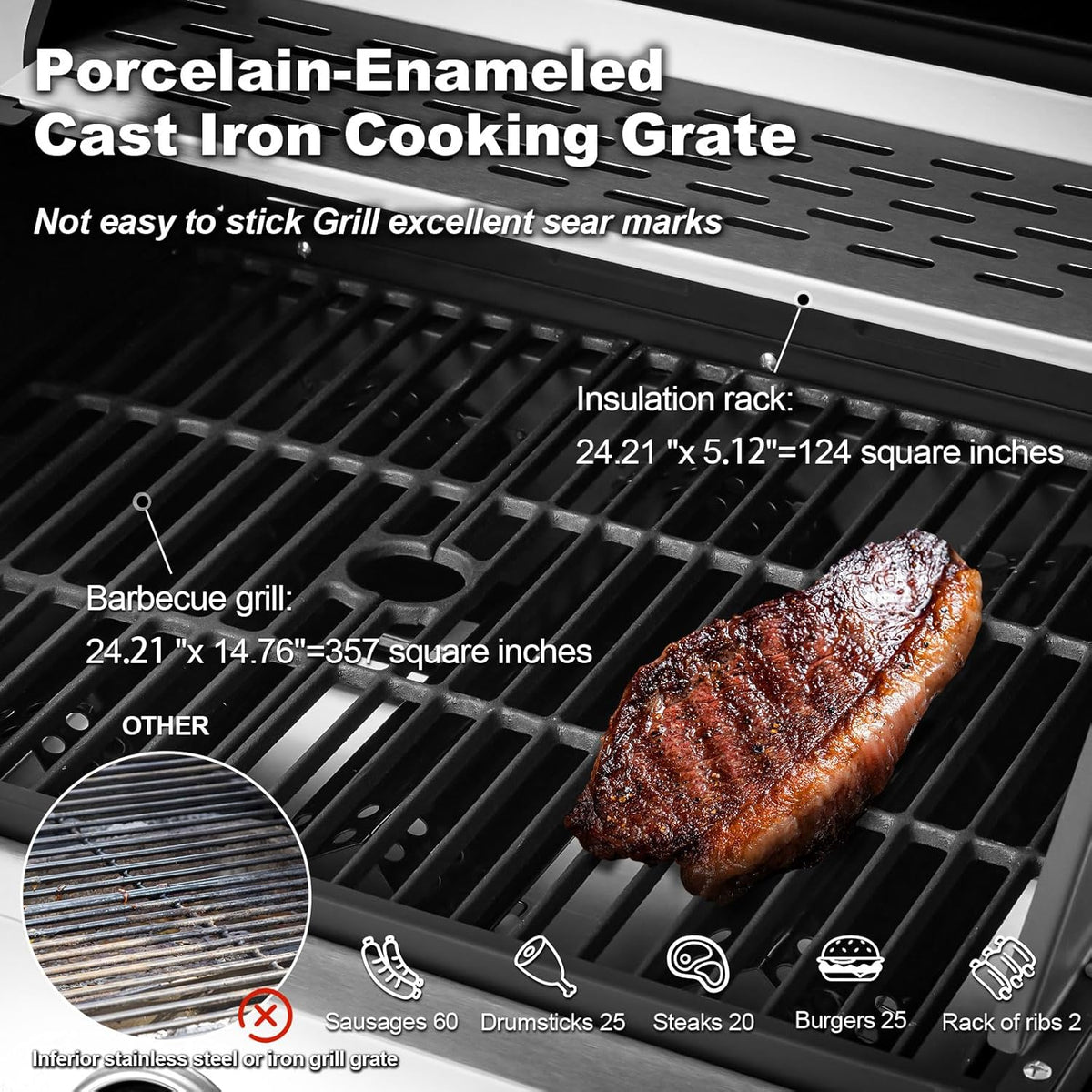 Upgraded 4 Burner BBQ Propane Gas Grill with Cast Iron Grates & Side Stove, 44,000 BTU Stainless Steel Burner Barbecue Grill for Patio, Camping, Outdoor Cooking.