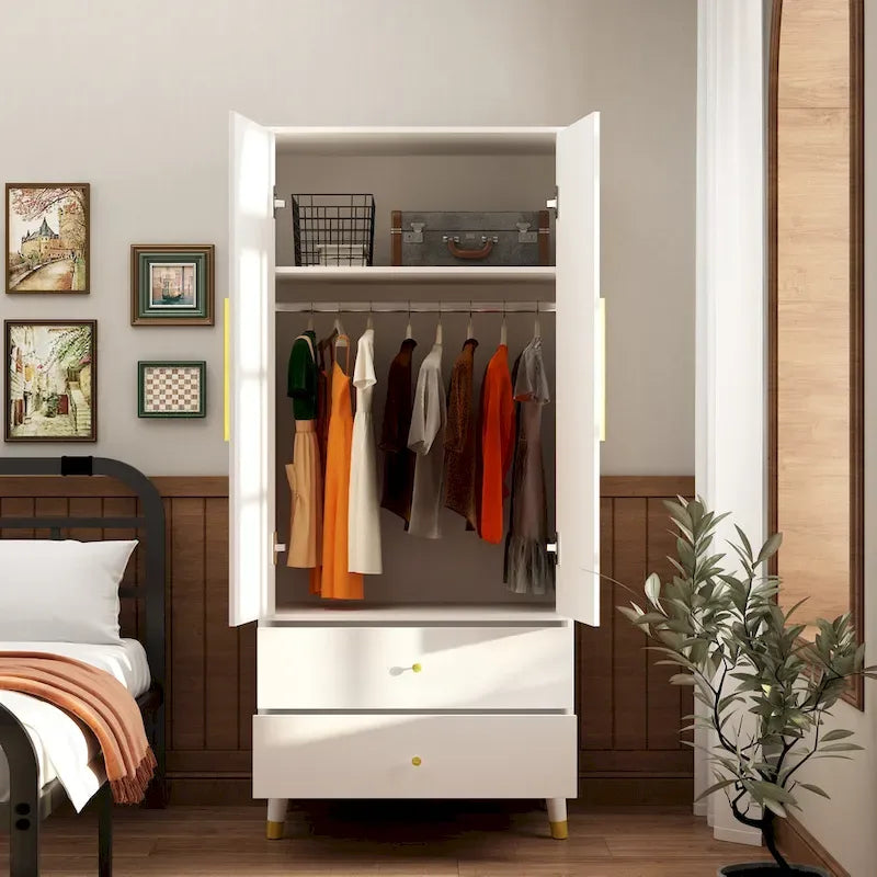 Wardrobe Closet Armoire with 2 Doors Wooden Clothes Storage Cabinet