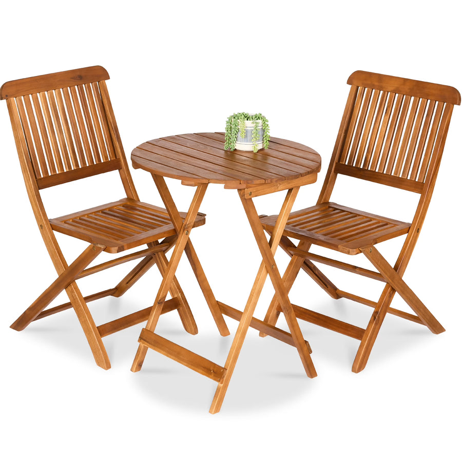 Best Choice Products 3-Piece Acacia Wood Bistro Set, Folding Patio Furniture w/ 2 Chairs, Table - Natural