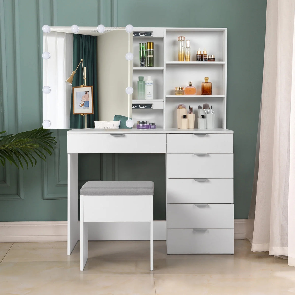 Ktaxon Vanity Set with 3 Color Lighted Mirror, Makeup Table with 6 Drawers, Dressing Table Makeup Desk with Stool, White