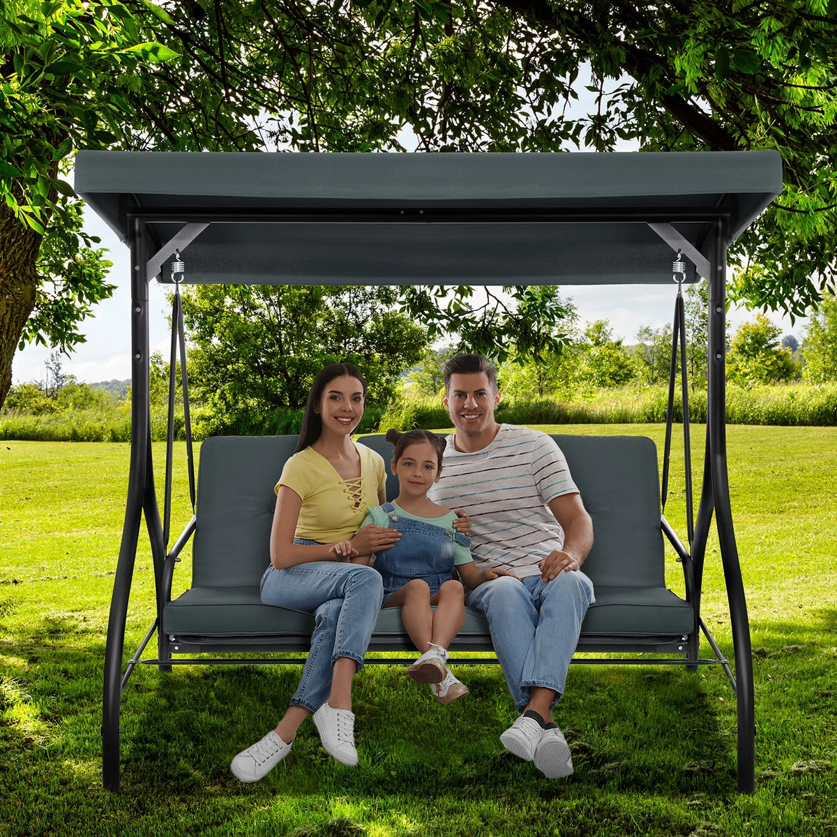 Pirecart 3 Person Patio Porch Swing Outdoor Converting Swing Glider Hammock with Adjustable Canopy, Cushions, Red
