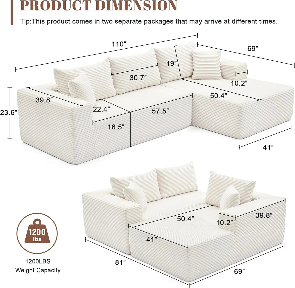 110 Cloud Sectional Couch, Boneless Sofa for Living Room Modular Sectional Sofa with Deep Seat