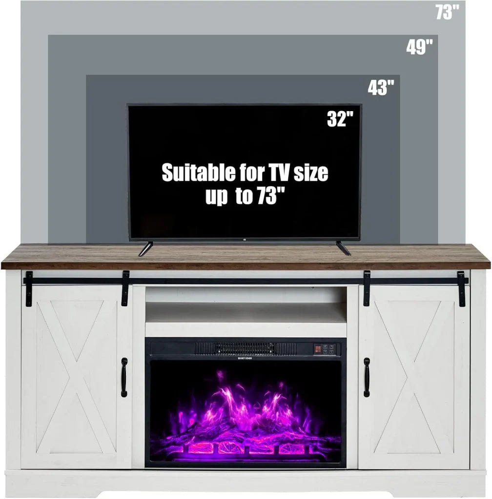 AMERLIFE Fireplace TV Stand with Sliding Barn Door for TVs up to 73", Farmhouse 63" Fireplace Entertainment Center with Storage Cabinets/Adjustable Shelves