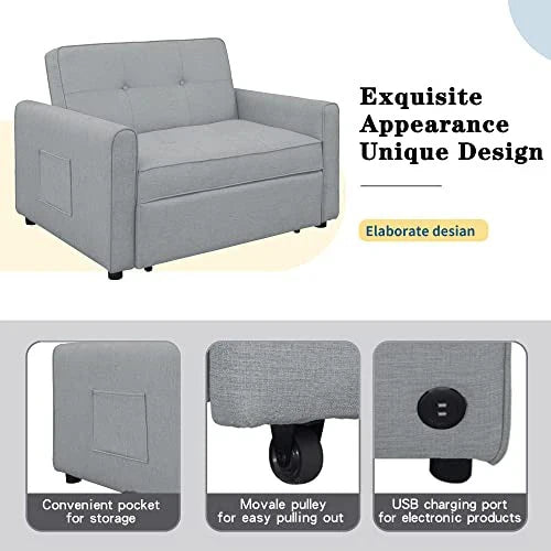 g 488243 Convertible Sleeper Sofa Bed MultiFunctional Adjustable Single Bed Chair with USB Port and 2 Pillows for Small Space Grey