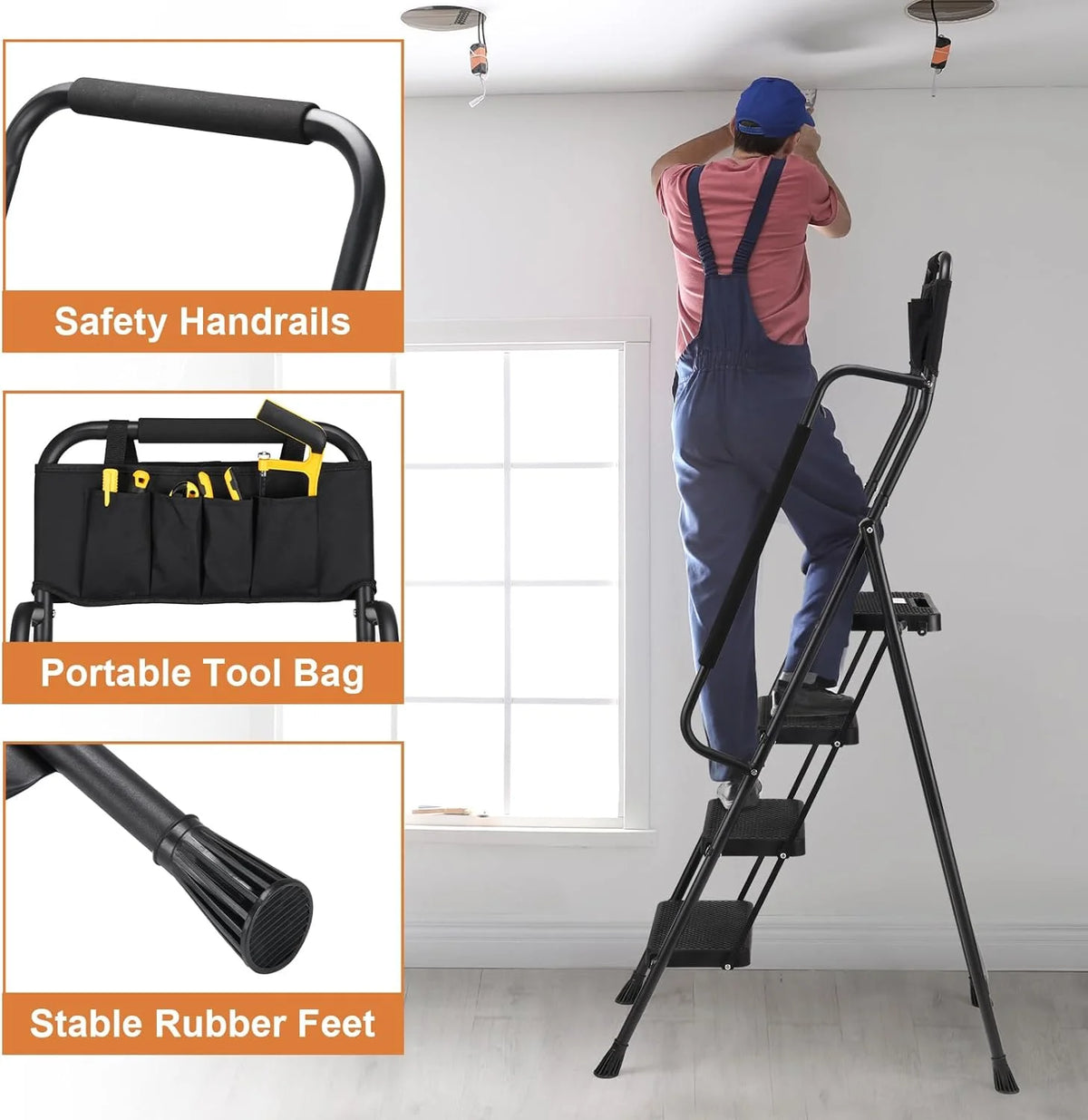 HBTower 4 Step Ladder with Handrails and Tool Bag, Folding Step Stool with Attachable  Anti-Slip Wide Pedal, Black
