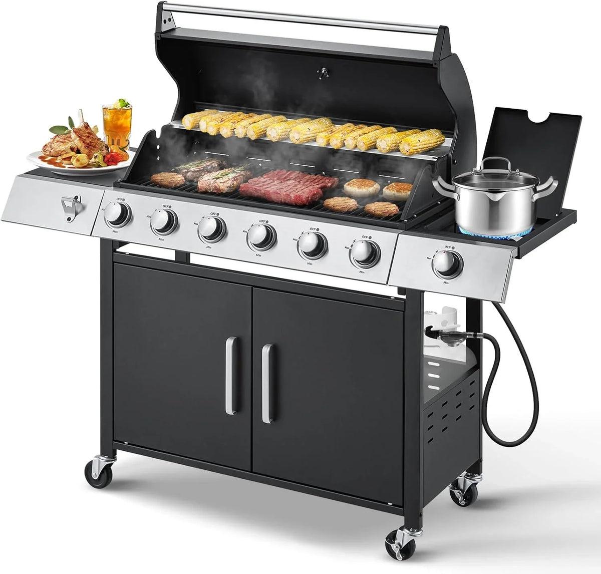 Upgraded 4 Burner BBQ Propane Gas Grill with Cast Iron Grates & Side Stove, 44,000 BTU Stainless Steel Burner Barbecue Grill for Patio, Camping, Outdoor Cooking.