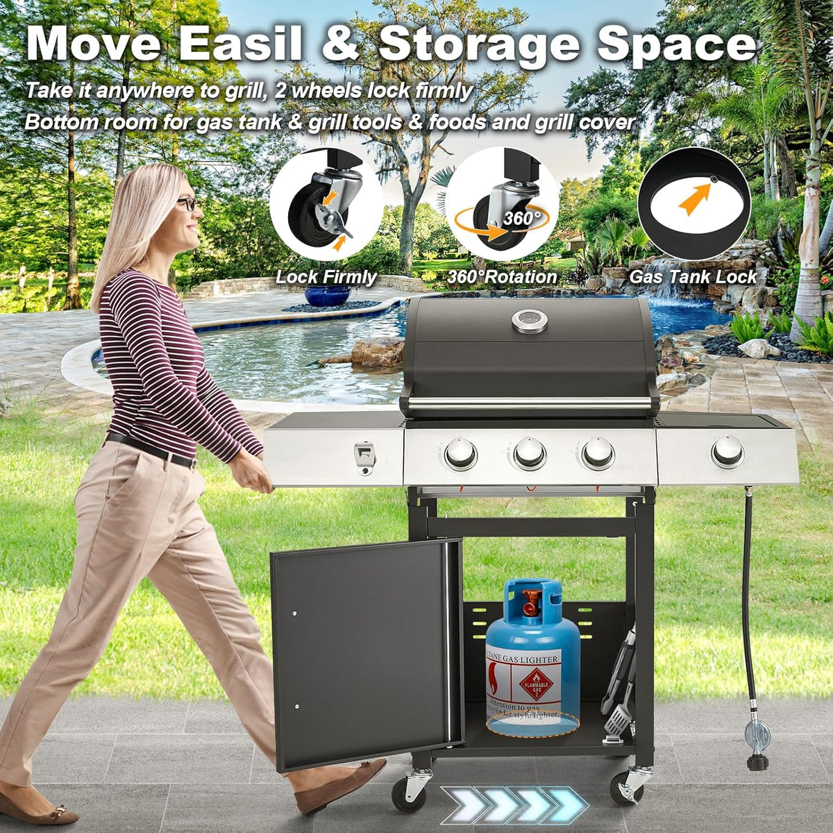 Upgraded 4 Burner BBQ Propane Gas Grill with Cast Iron Grates & Side Stove, 44,000 BTU Stainless Steel Burner Barbecue Grill for Patio, Camping, Outdoor Cooking.