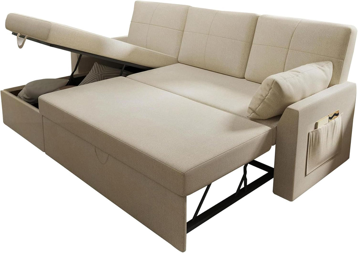 VanAcc Sofa Bed, Sleeper Sofa with Storage Chaise 2 in 1 Pull Out Couch Living Room