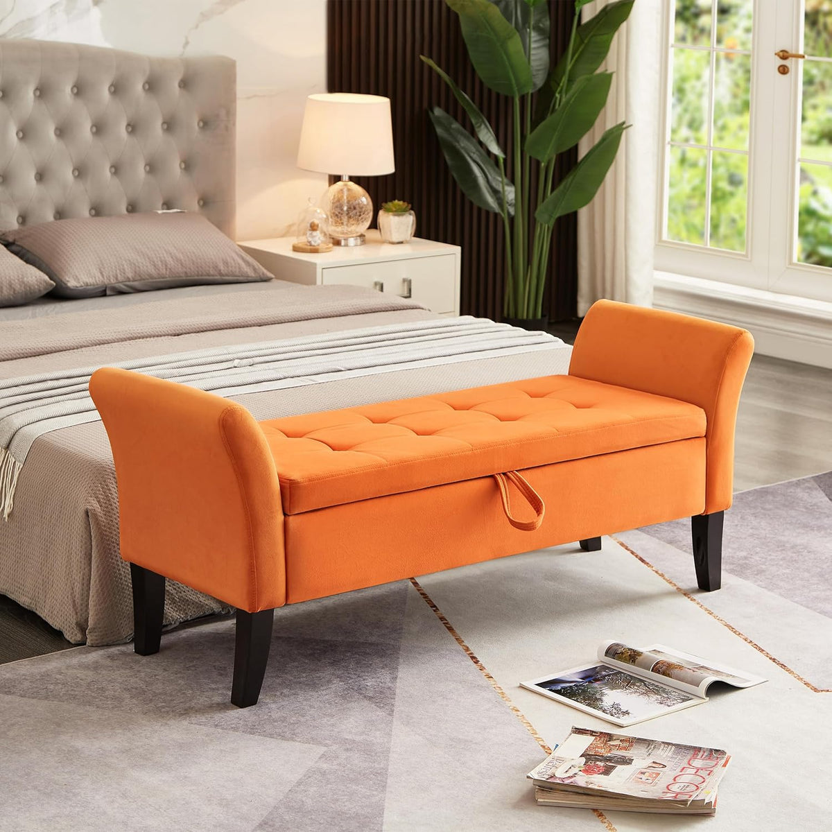 Furniliving Modern Storage Ottoman Bench, Sherpa Ottoman End of Bed Bench with Solid Wood Legs Upholstered Ottoman Benches with Storage Indoor Bench for Living Room with Rolled Arm, Entryway, White