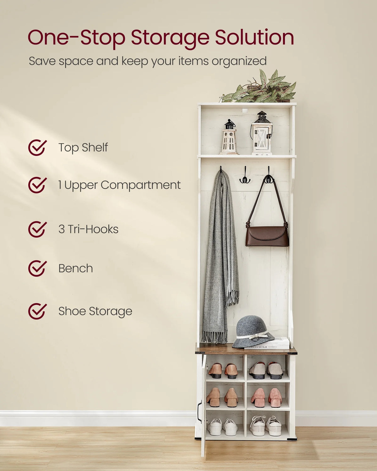 Farmhouse-Inspired Entryway Organizer, Triple Hooks & Built-In Shoe Bench, Hall Tree Entryway Bench for Mudroom & Foyer, Space-Saving Coat Rack with Storage Cabinet, Rustic White and Honey Brown