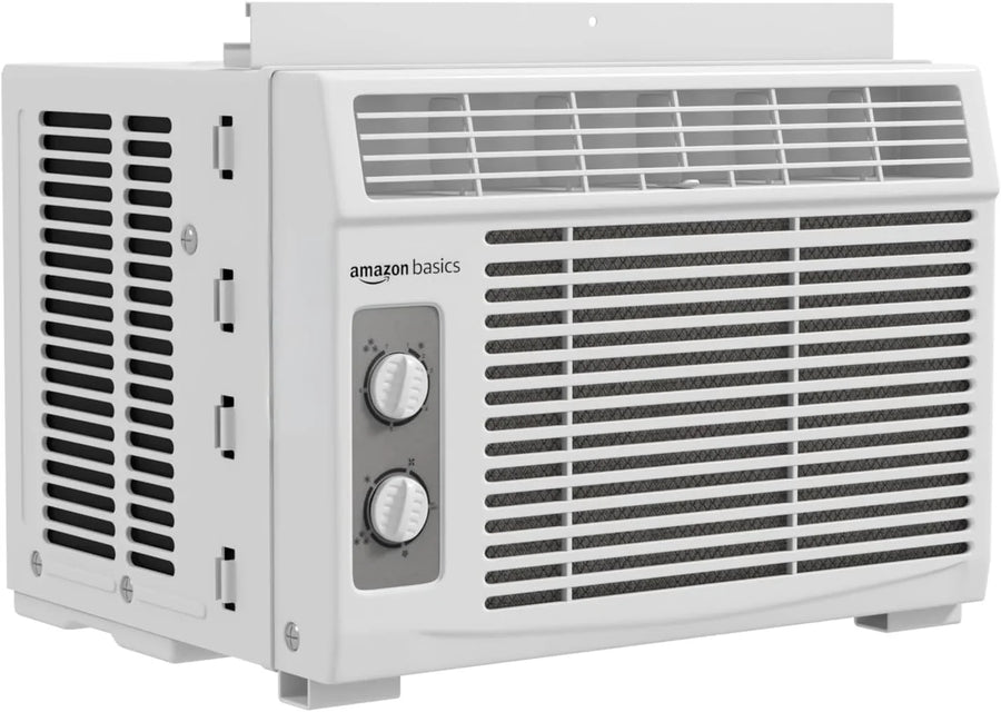 Amazon Basics 5000-BTU Window Air Conditioner with Quiet Operation, Up to 150 Sqf, Cool and Fan Functions, Washable Filter, Adjustable Window Kit, Intuitive Mechanical Controls, for Small Room, White