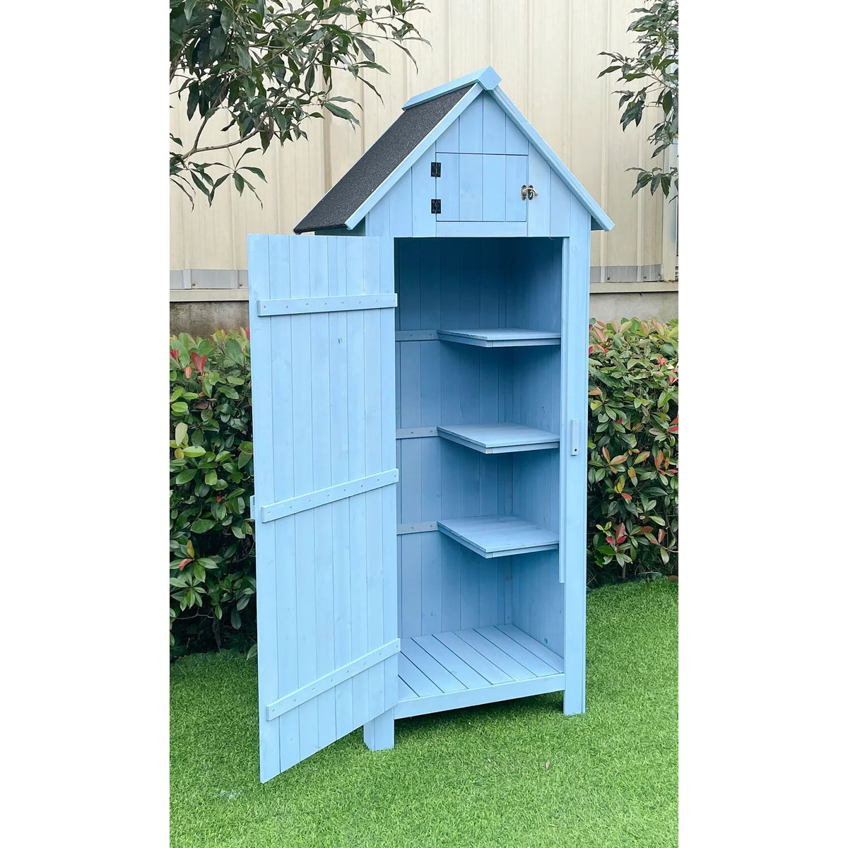 Hanover Sturdy Durable Waterproof Wood Outdoor Vertical Storage Shed, 70.40"x 30.30"x21.30", Blue