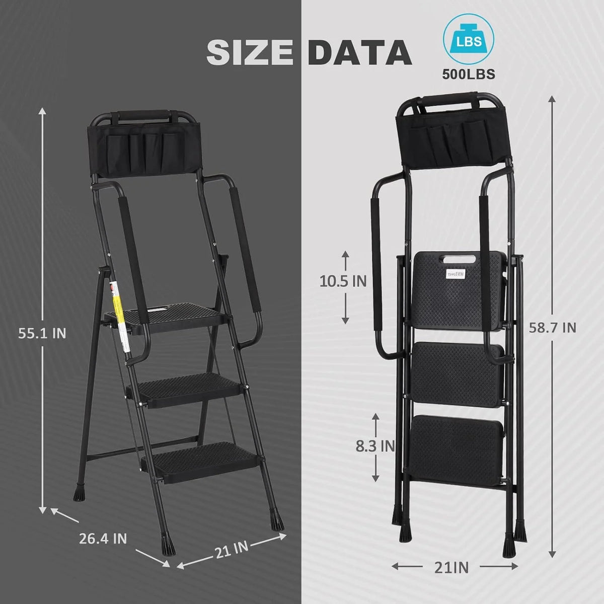 HBTower 4 Step Ladder with Handrails and Tool Bag, Folding Step Stool with Attachable  Anti-Slip Wide Pedal, Black