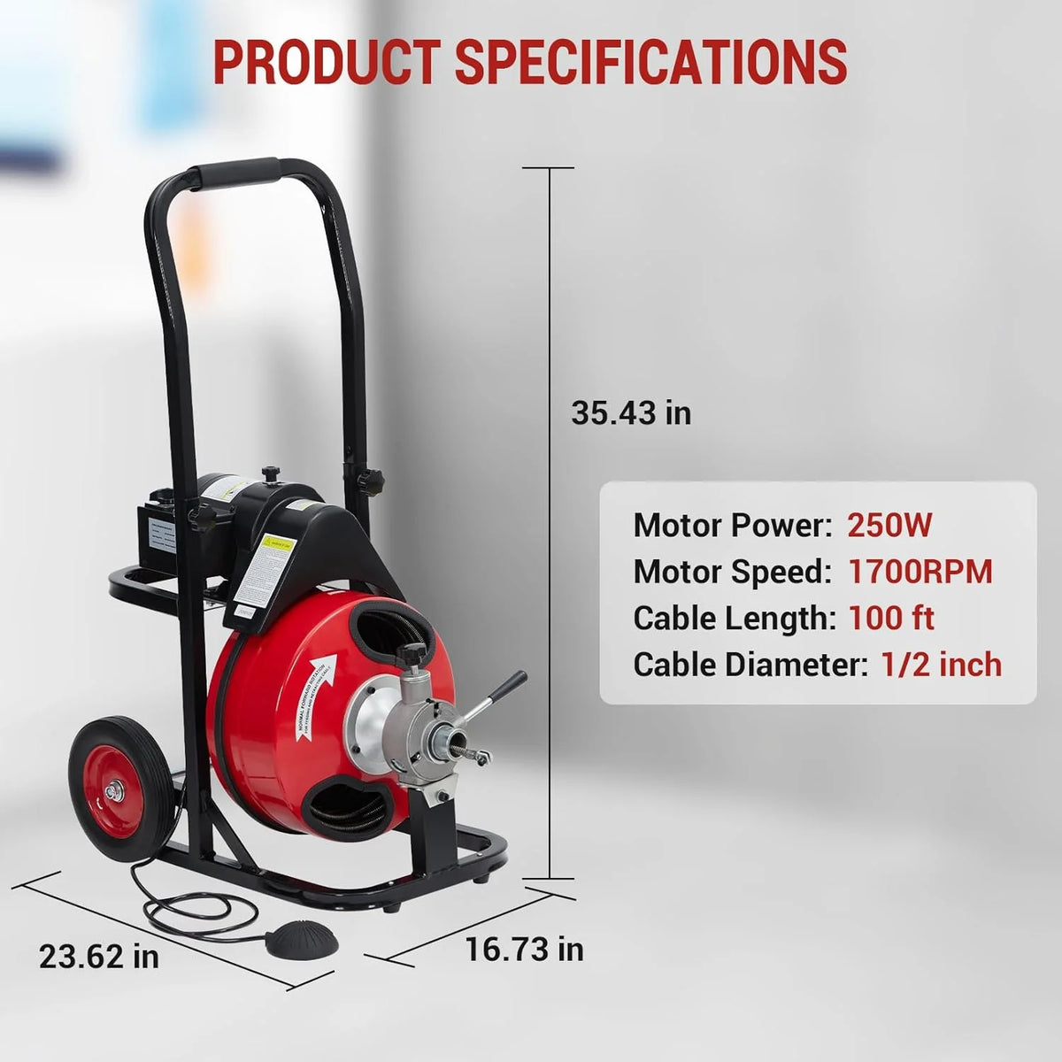 Telyswee Drain Cleaner Machine 100ft x 1/2inch Auto-feed Electric Drain Auger for 1in to 4in Pipes, w/ 8 Cutters & Air-activated Foot Switch, 250W/370W 1700RPM Drain Sewer Snake Drain Auger Cleaner