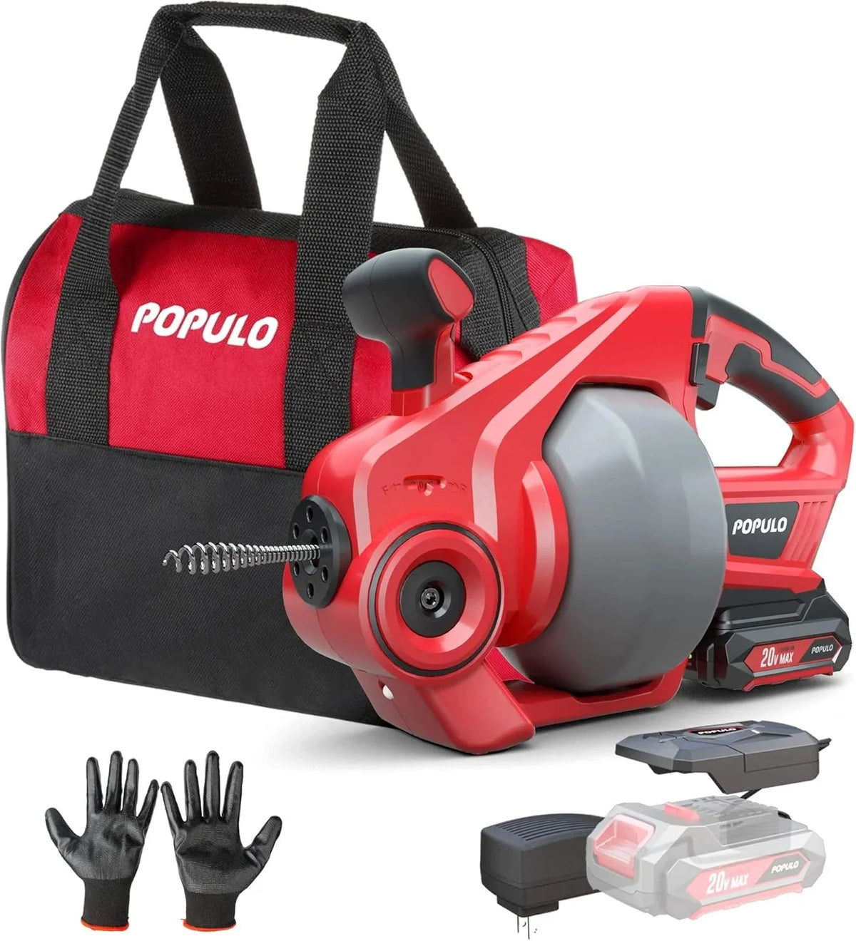 POPULO 20V Cordless Electric Drain Auger-Efficient 25Ft Auto-Feed Drain Snake with Replaceable Cable,2.0Ah Battery,Charger,Storage Bag & Gloves for Kitchen,Bathroom,Shower Pipes (3/4"-2")"