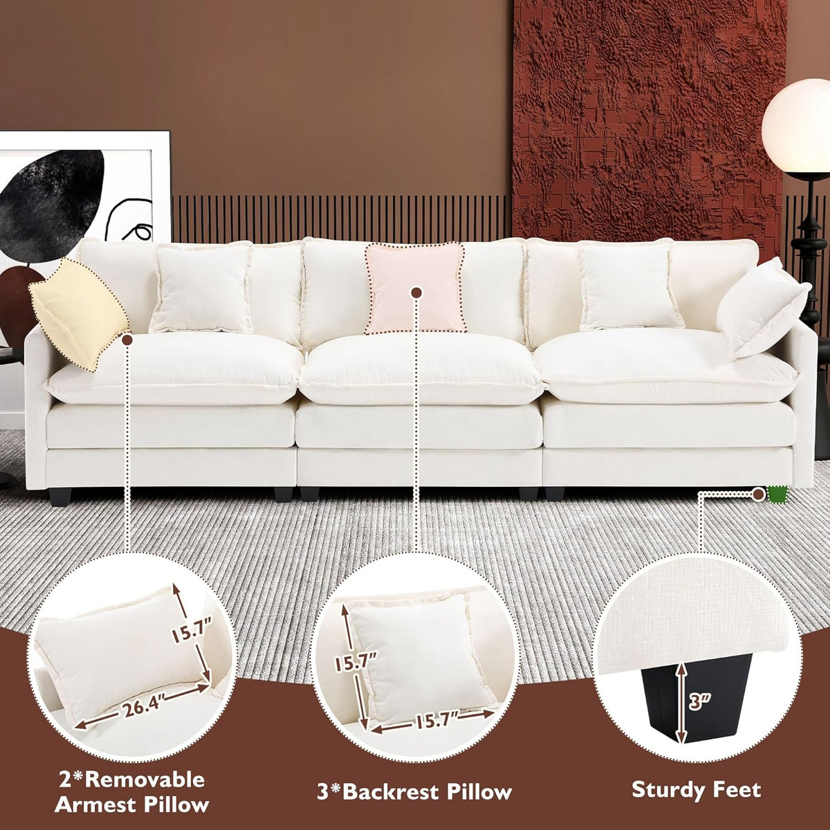 Ihanherry 146" U-Shaped Modern Sofa Modular Sectional Cloud Couch with 2 Ottoman, 6-Seat Chenille Deep Seat Sofa with 6 Pillows for Living Room, Bedroom and Apartment, Grey