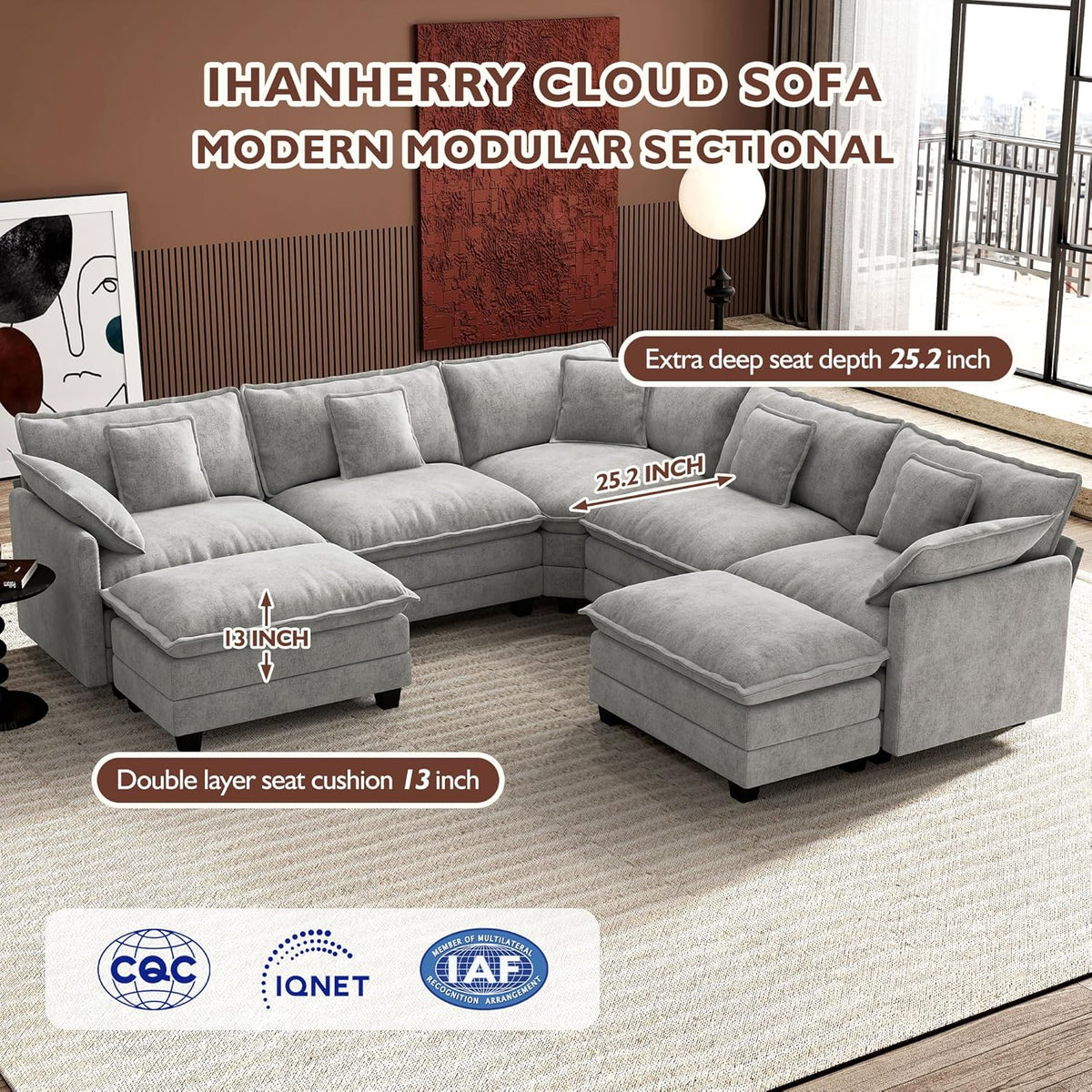 Ihanherry 146" U-Shaped Modern Sofa Modular Sectional Cloud Couch with 2 Ottoman, 6-Seat Chenille Deep Seat Sofa with 6 Pillows for Living Room, Bedroom and Apartment, Grey