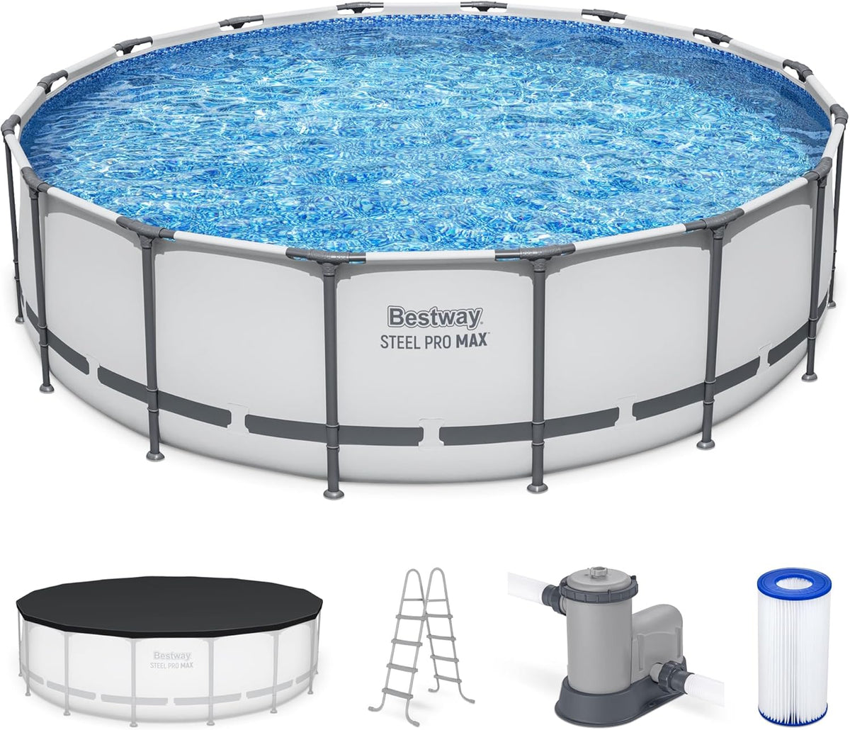 Steel Pro MAX 14 Foot x 48 Inch Round Metal Frame Above Ground Outdoor Swimming Pool Set with 1,000 Filter Pump, Ladder, and Cover, Gray