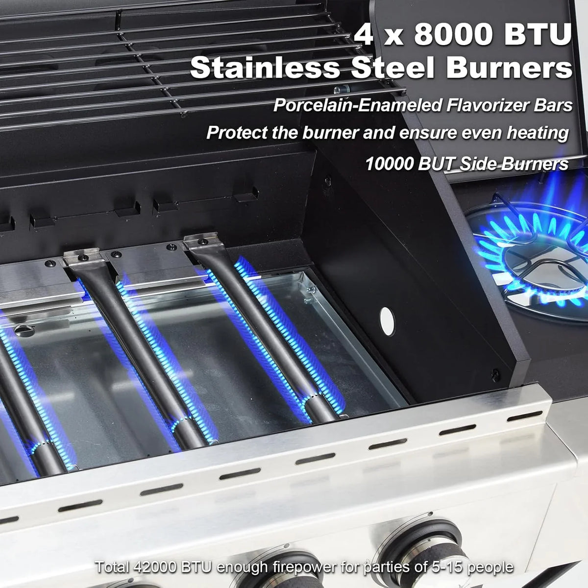 Upgraded 4 Burner BBQ Propane Gas Grill with Cast Iron Grates & Side Stove, 44,000 BTU Stainless Steel Burner Barbecue Grill for Patio, Camping, Outdoor Cooking.