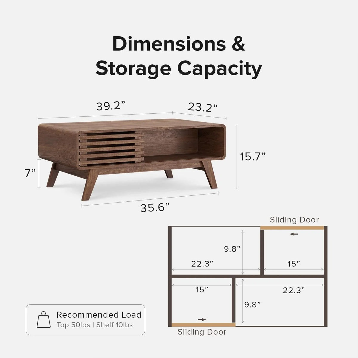 Mopio Ensley Mid Century Modern Rectangle Coffee Table with Dual Storage Shelf, Wood Slat Sliding Door, & Rounded Edge Protection for Living Room, Walnut Grain