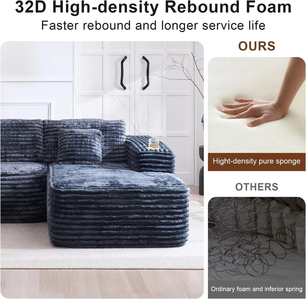 Cloud Sectional Couch with L-Shape Chaise Modern Modular Sofa Deep Seat Built-in Cup Holder