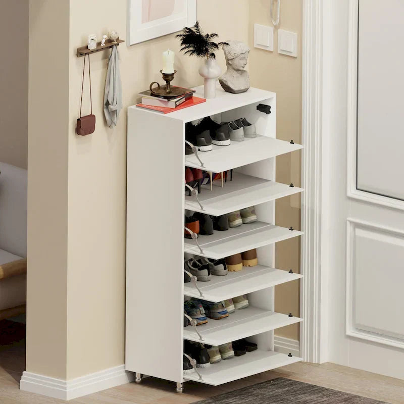 Mirror Shoe Cabinet With 6 Flip Drawers,Shoe Rack Organizer Store Ample Shoes,4 Metal Legs,Hand-Touch Flip-Out Door