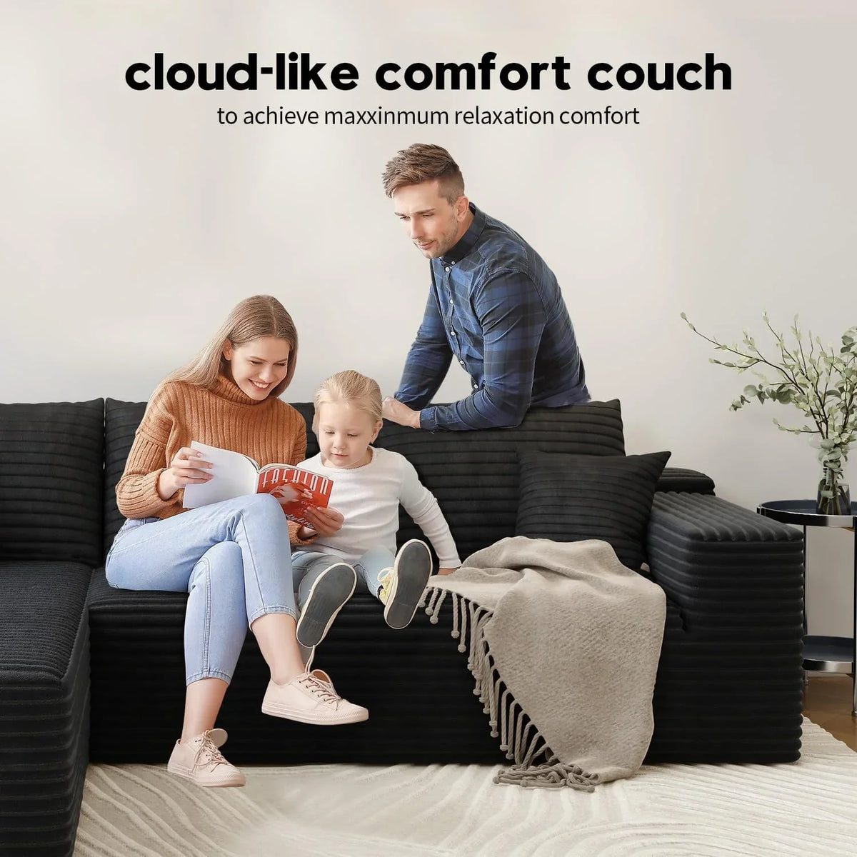 107.5" Cloud Modular Sectional Sofa Couch with L-Shape Chaise,Modern Minimalist Upholstered Couches for Living Room Bedroom,Deep Seat Corner Couch .No Assembly Required (Black,Left Facing Chaise)