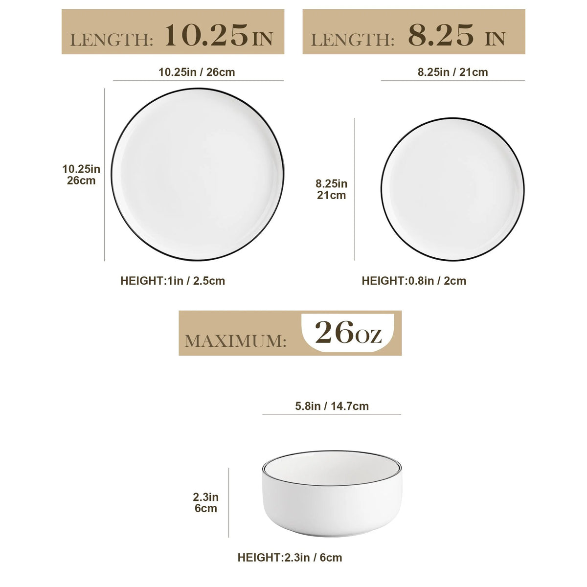vancasso 36 Pieces Dinnerware Sets, Plates and Bowls Set for 8, Porcelain Dinner Set, White with Black Rim