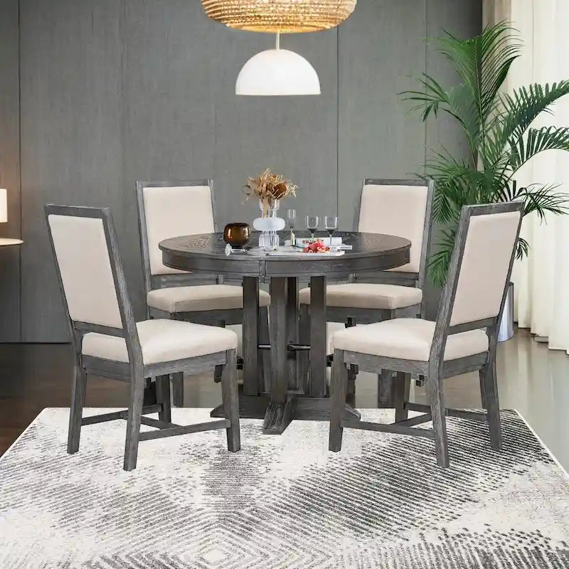 5-Piece Dining Set Extendable Round Table and 4 Upholstered Chairs Farmhouse Dining Set for Kitchen, Dining Room