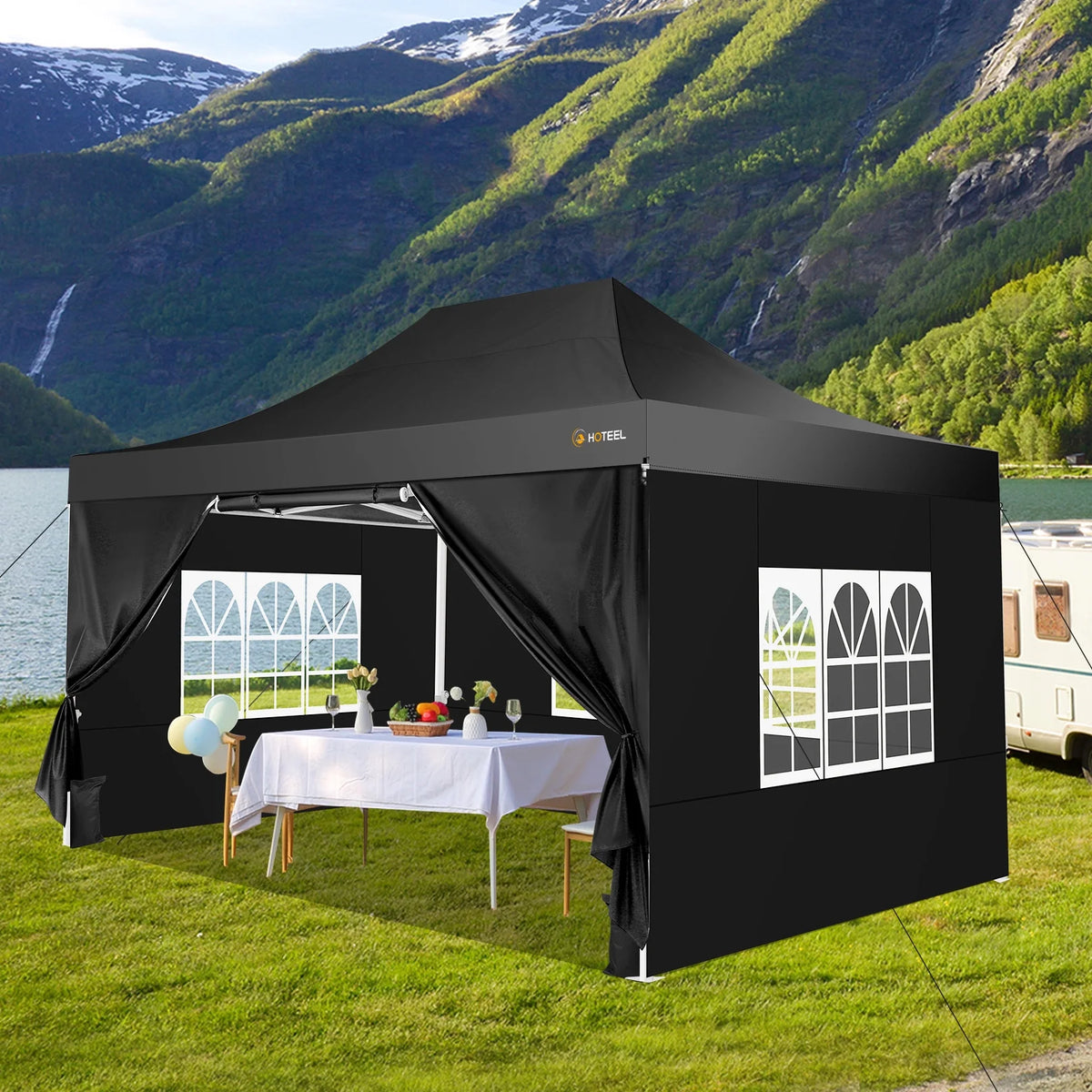 HOTEEL 10x15 Heavy Duty Canopy Tent - Commercial Pop Up with UV50+, Thick Hexagonal Frame, 4 Sidewalls, Anti-Pooling Design & Roller Bag (Black)