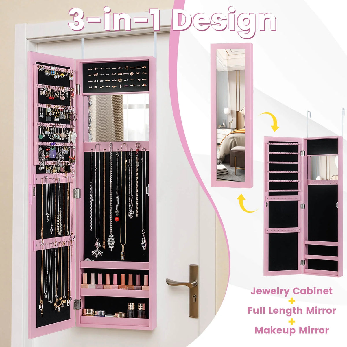 Costway Wall Door Mounted Mirrored Jewelry Cabinet Storage Organizer-Black