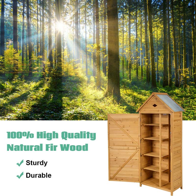 63" Wood Outdoor Storage Shed Lockable Garden Tools Storage Cabinet with 5 Shelves, Galvanized Sheet Roof