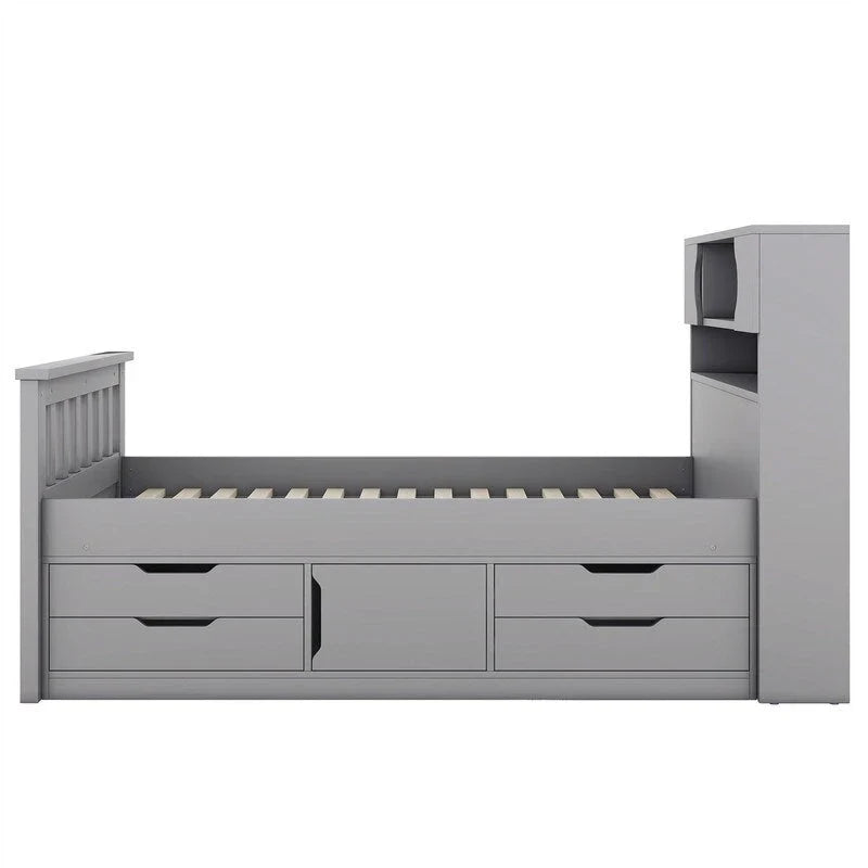 Twin/Full Size Captain Platform Bed with 4 Drawers and Storage Shelves, Solid Wood Bed Frame with Storage Bookcase Headboard