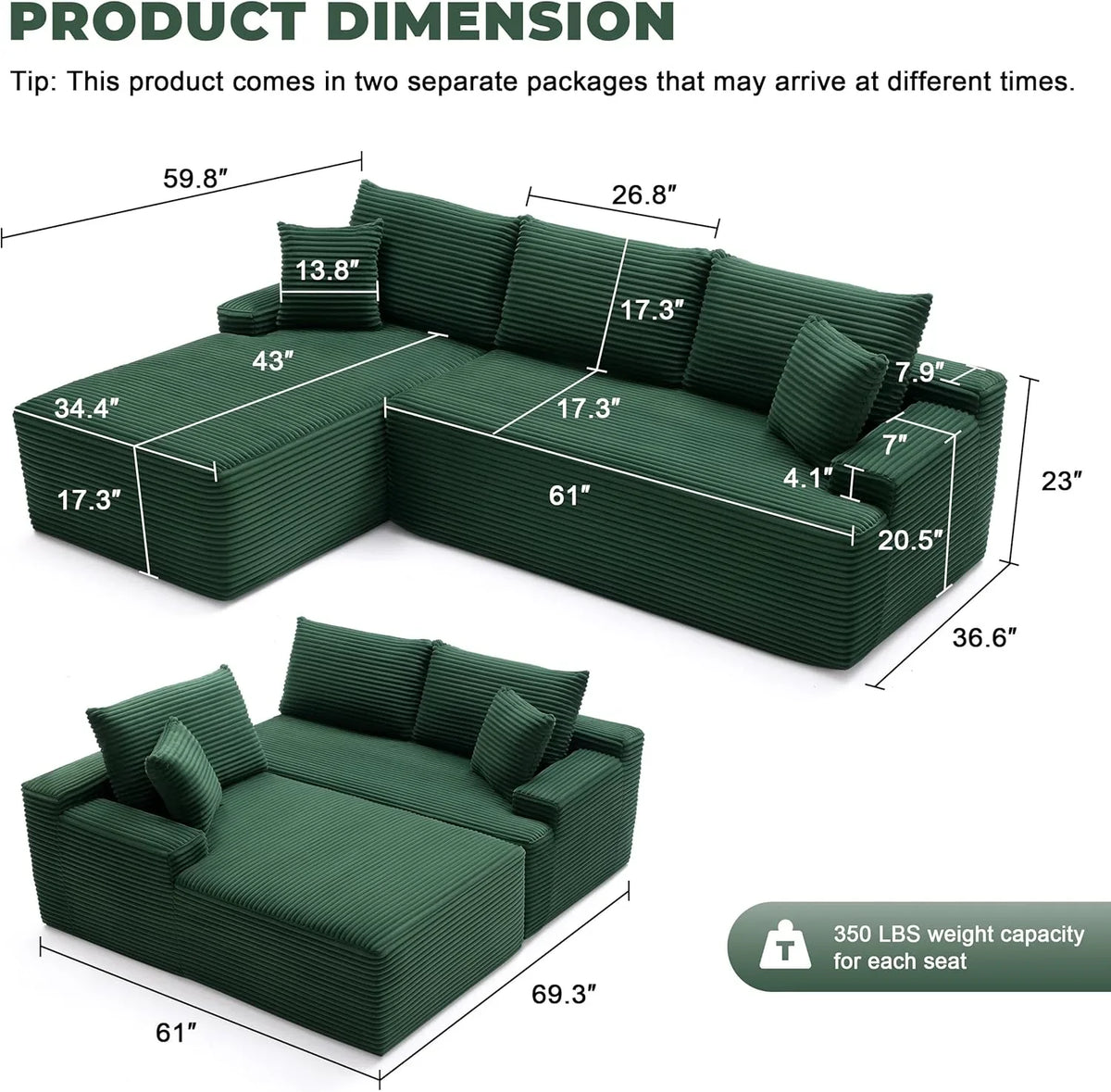 110 Cloud Sectional Couch, Boneless Sofa for Living Room Modular Sectional Sofa with Deep Seat