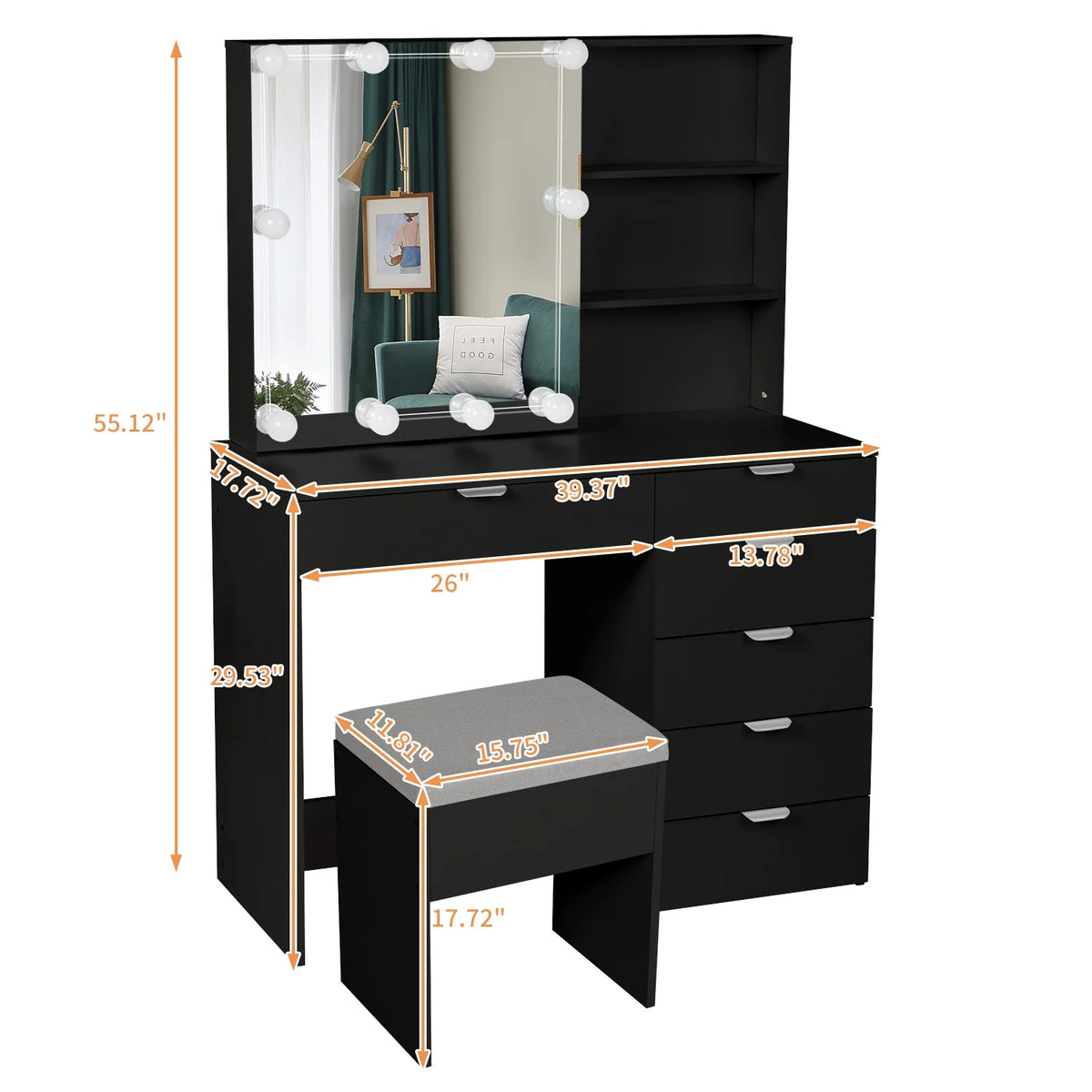 Ktaxon Vanity Set with 3 Color Lighted Mirror, Makeup Table with 6 Drawers, Dressing Table Makeup Desk with Stool, White