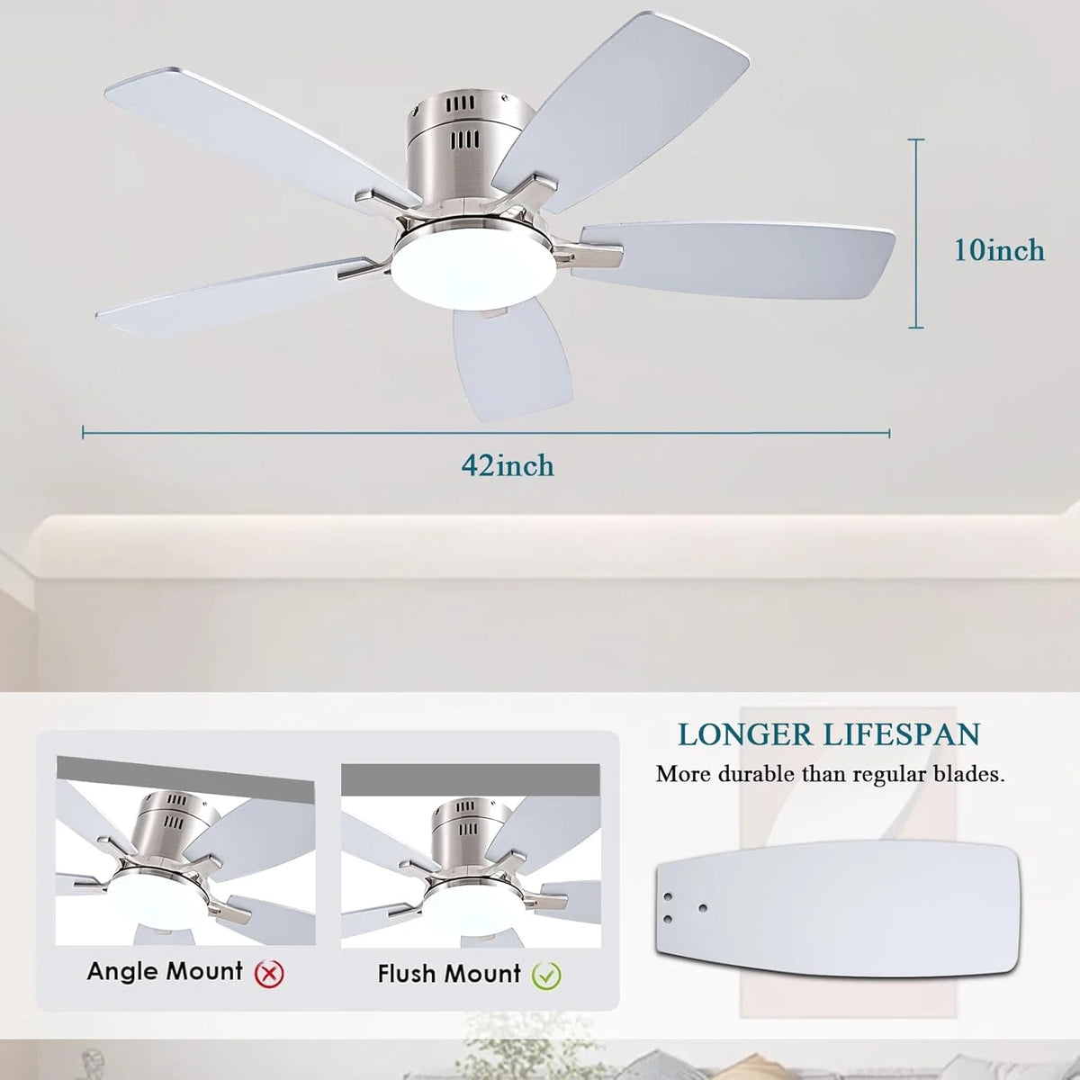 42 Inch Low Profile Ceiling Fans with Lights and Remote, Flush Mount Modern Ceiling Fan, 3 CC T DC Ceiling Fan for Bedroom, Living Room, Brushed Nickel