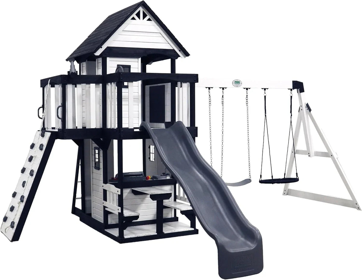 Backyard Discovery Canyon Creek Cedar Wood Swing Set with Wave Slide, Clubhouse, Play Kitchen, Picnic Area, Belt Swings, Web Swing, Rock Wall, Balconies, Playhouse, Step Ladder, Outdoor Playset