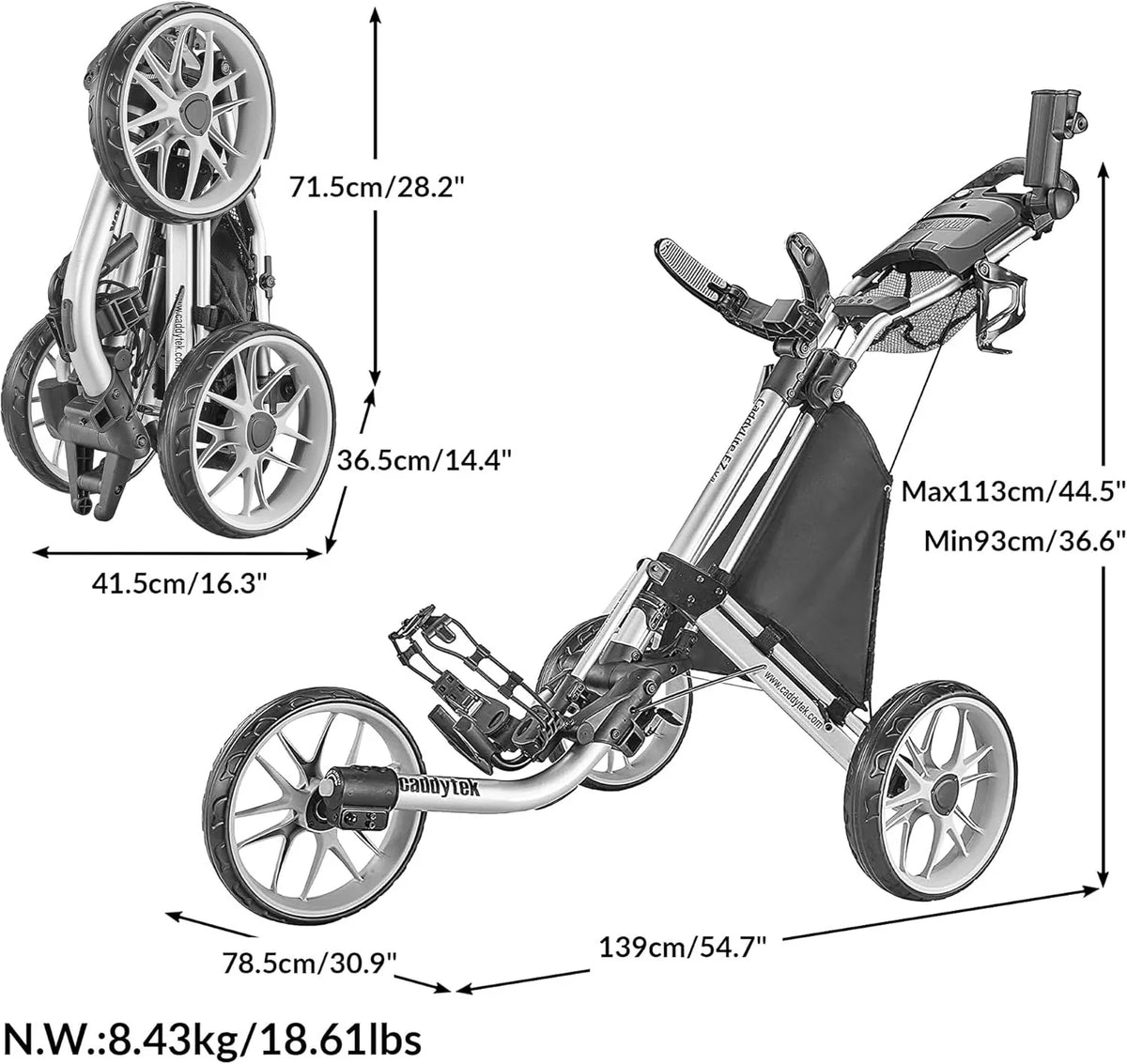 3Wheel Golf Push Cart - Golf Trolley Foldable Collapsible Lightweight Pushcart with Foot Brake - Easy to Open & Close