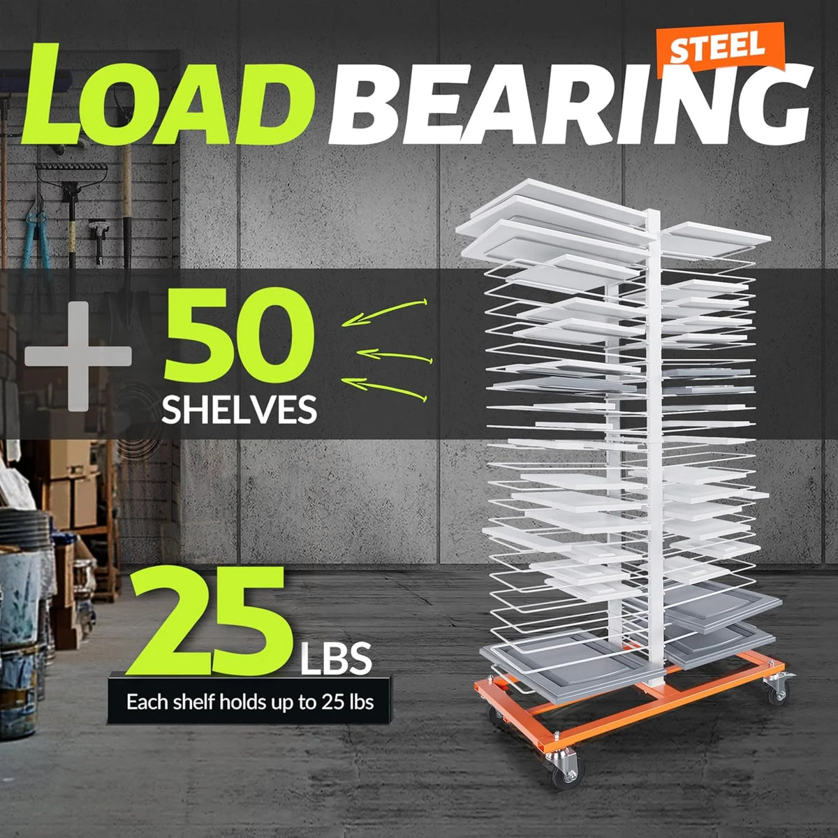 50-Shelf Paint Drying Rack with Wheels, 25lbs/Shelf, Orange/White