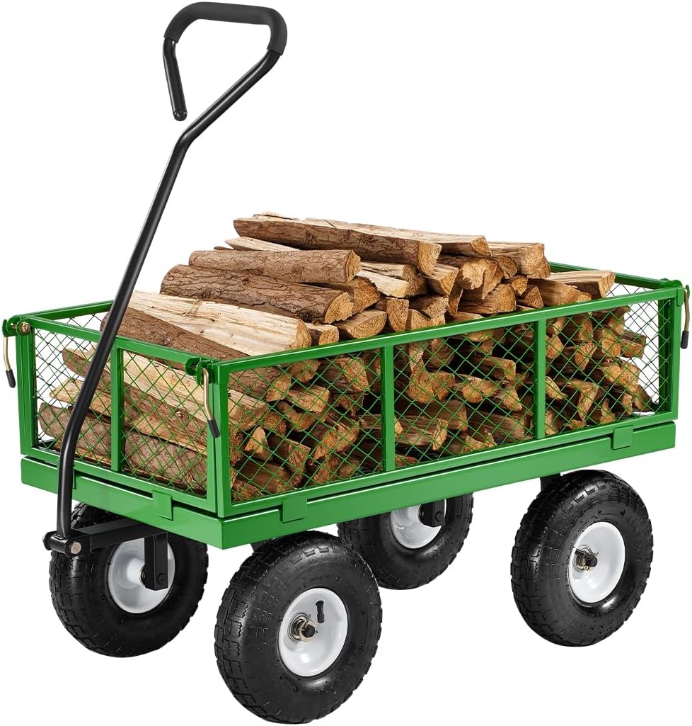 1200-pound steel garden cart, heavy-duty capable of pulling garden truck, two-in-one outdoor metal multi-functional cargo vehicle for garden, equipped with 13-inch all-terrain tires, detachable mesh side panels and 180° rotating handle
