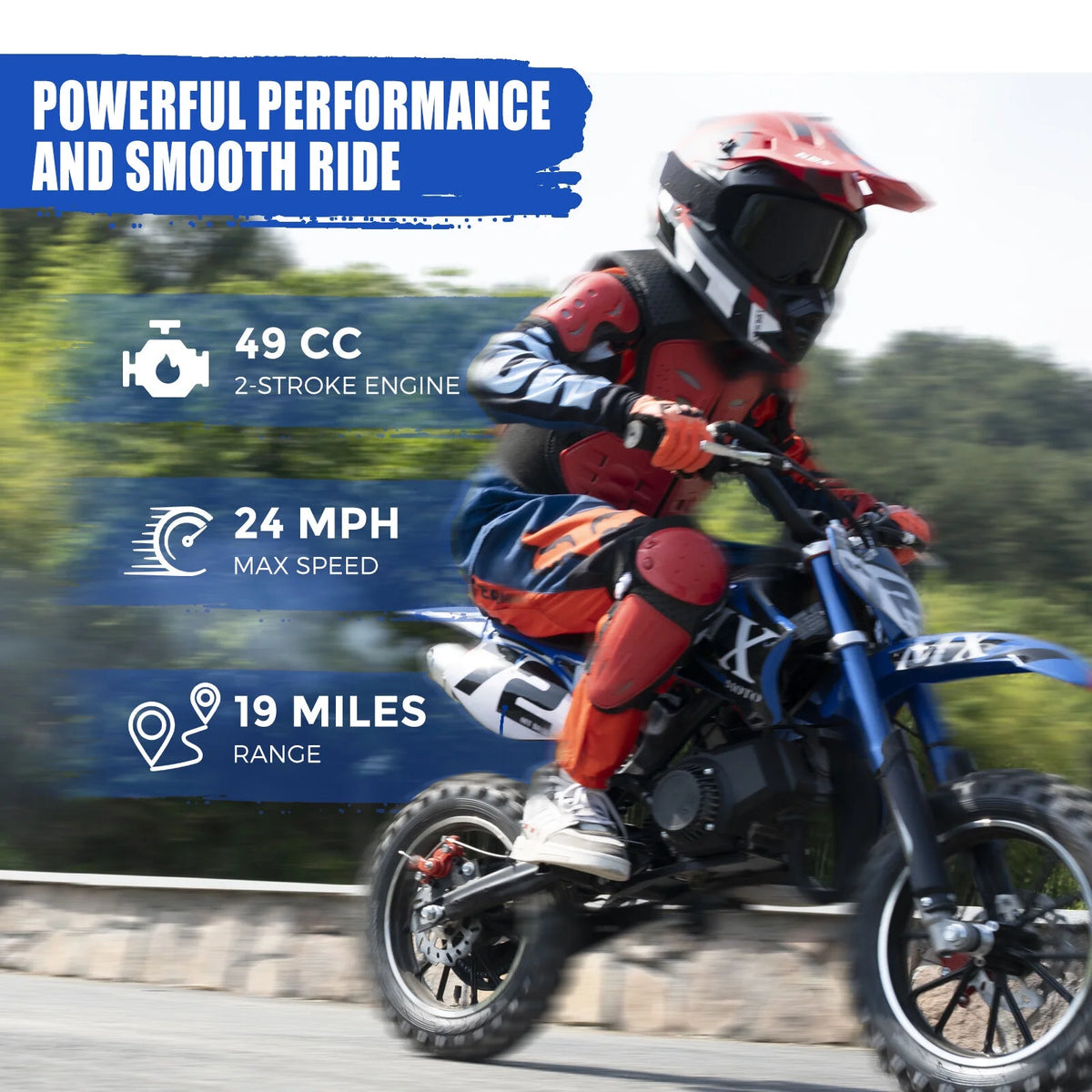 MX moto 49CC Kids Dirt Bicycle, 2-Stroke Gas Powered Off Road Motorcycle, Tire Shock Absorber Spring Soft Seat Cushion with Front and Rear Disc Brake, Max Speed 28 MPH