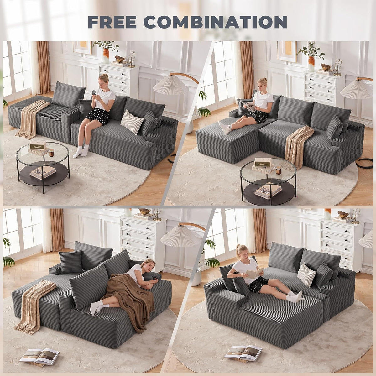 110 Cloud Sectional Couch, Boneless Sofa for Living Room Modular Sectional Sofa with Deep Seat