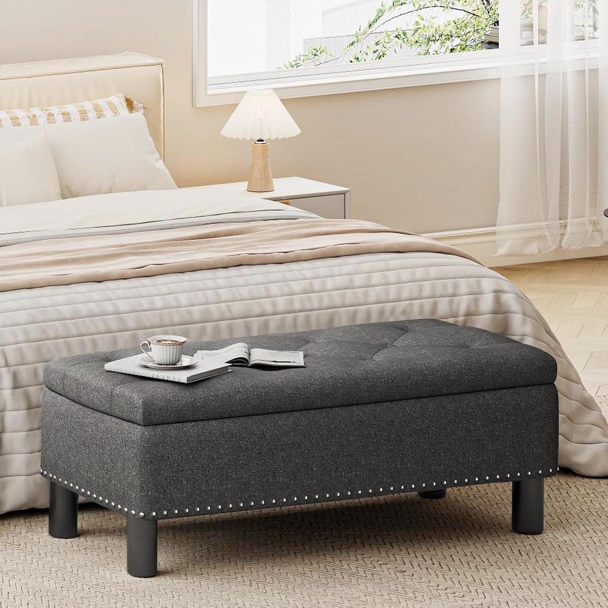 Furniliving Modern Storage Ottoman Bench, Sherpa Ottoman End of Bed Bench with Solid Wood Legs Upholstered Ottoman Benches with Storage Indoor Bench for Living Room with Rolled Arm, Entryway, White