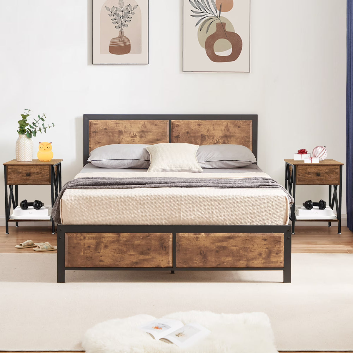 VECELO 3 - Piece Bedroom Set with Twin Size Bed Frame and 1 - Drawer Black Nightstands