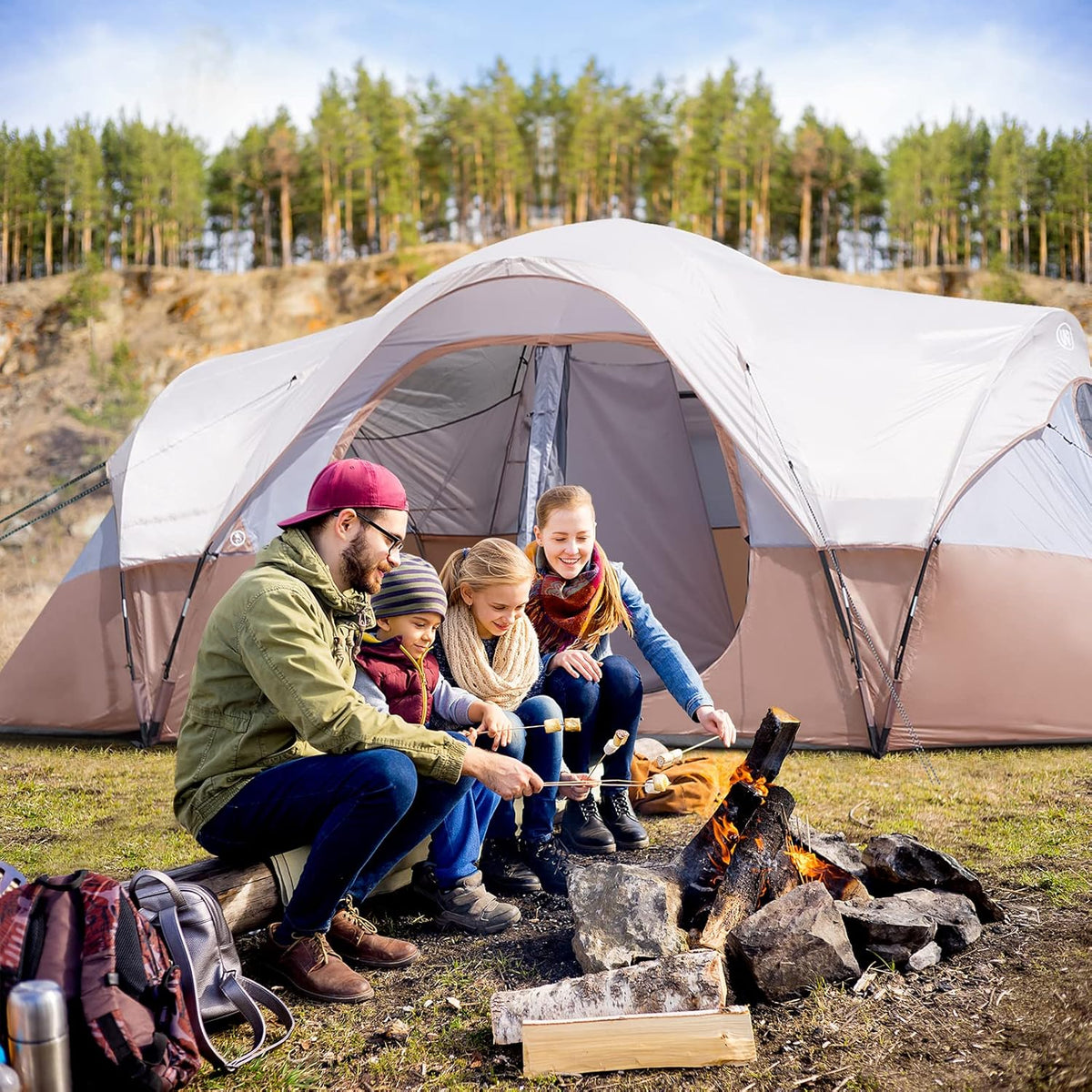 UNP Camping Tent 10-Person-Family Tents, Parties, Music Festival Tent, Big, Easy Up, 5 Large Mesh Windows, Double Layer, 2 Room, Waterproof, Weather Resistant, 18ft x 9ft x78in