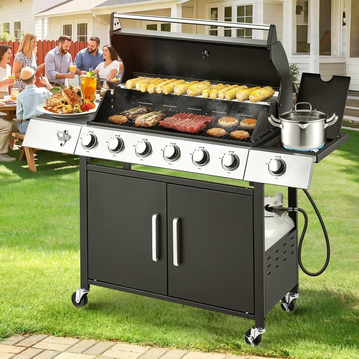 Upgraded 4 Burner BBQ Propane Gas Grill with Cast Iron Grates & Side Stove, 44,000 BTU Stainless Steel Burner Barbecue Grill for Patio, Camping, Outdoor Cooking.