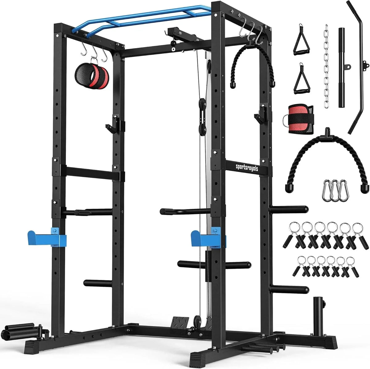 Sportsroyals Power Cage,1600lbs Multi-Function Power Rack with Adjustable Cable Crossover System and More Training Attachment, Weight Cage for Home Gym