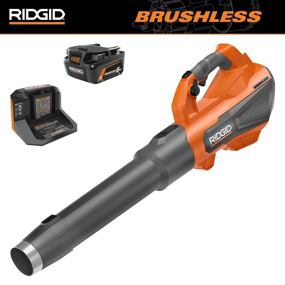 RIDGID 18V Brushless Cordless Leaf Blower, 510 CFM, 130 MPH, with 6.0Ah Battery & Charger