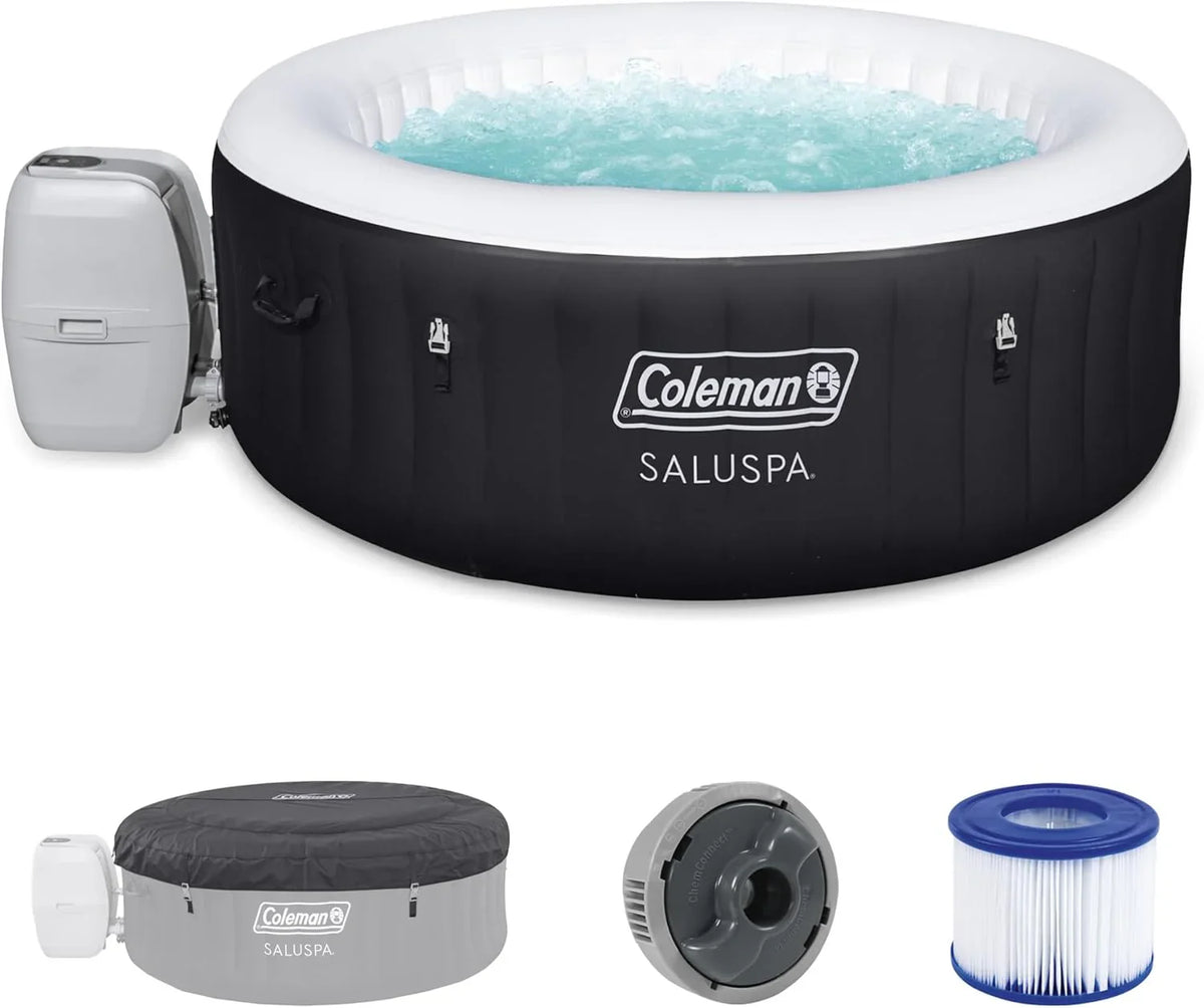 Coleman SaluSpa Miami AirJet 2 to 4 Person Round Inflatable Hot Tub Portable Outdoor Spa with 120 Soothing AirJets and Insulated Cover, Black
